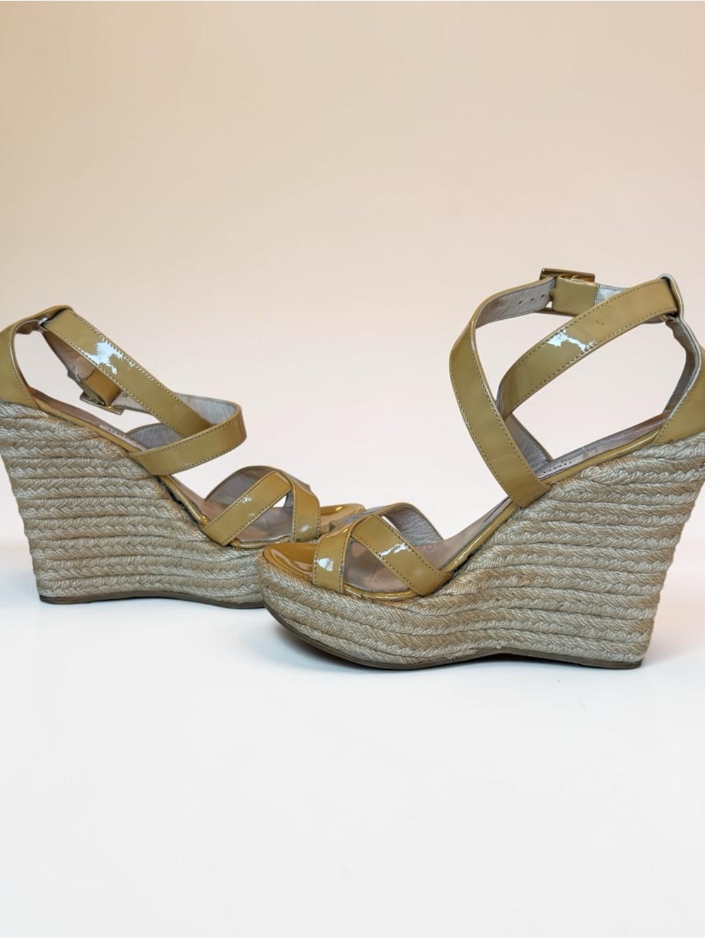 JIMMY CHOO Patent Leather Espadrille Wedge Sandals in Beige and raffia heel